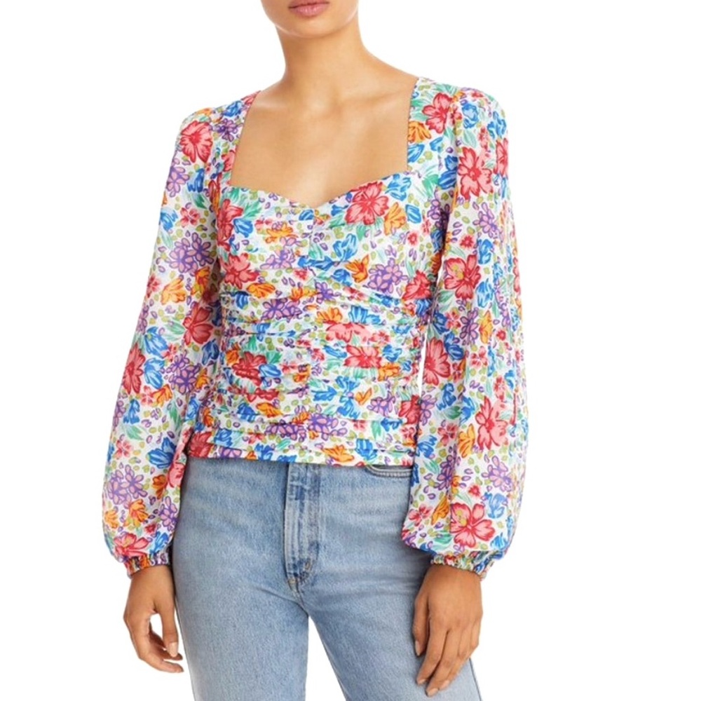 AQUA  Top  White Floral Print Ruched Blouse Long Puff Sleeves SZ L NWOT